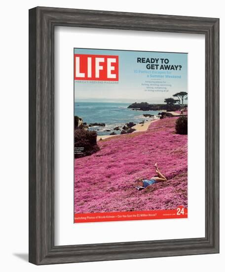 Girl Reading a Book on "Pink Magic Carpet" at Lovers Point Park, Pacific Grove, CA, June 24, 2005-Greg Miller-Framed Photographic Print