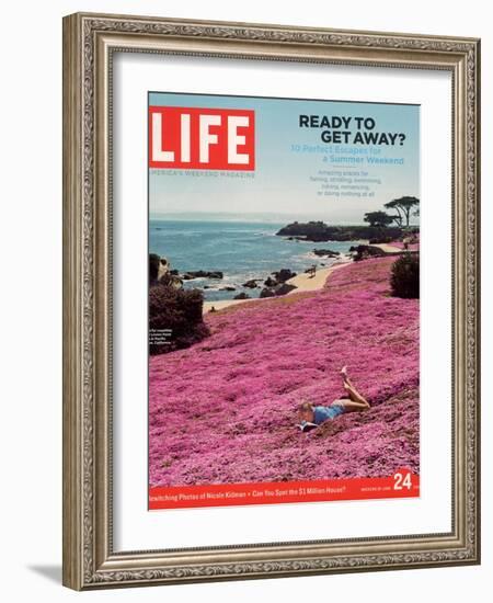 Girl Reading a Book on "Pink Magic Carpet" at Lovers Point Park, Pacific Grove, CA, June 24, 2005-Greg Miller-Framed Photographic Print