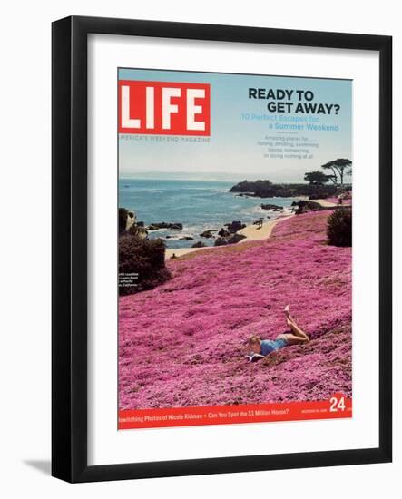 Girl Reading a Book on "Pink Magic Carpet" at Lovers Point Park, Pacific Grove, CA, June 24, 2005-Greg Miller-Framed Photographic Print