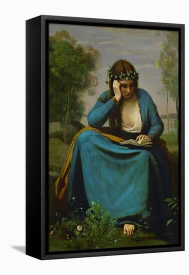 Girl Reading Crowned with Flowers or Virgil's Muse-Jean-Baptiste-Camille Corot-Framed Premier Image Canvas