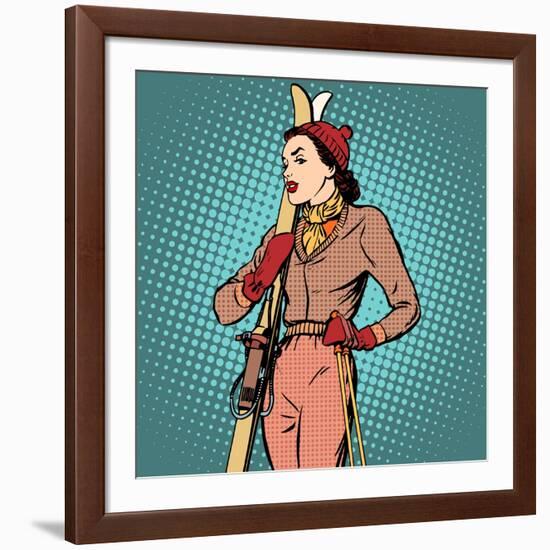 Girl Retro Skier Pop Art Retro Style. Winter Sports Ski-Resort Vacation-studiostoks-Framed Art Print