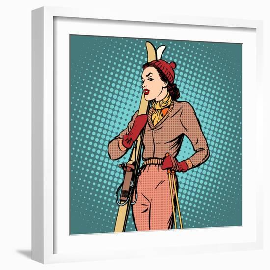 Girl Retro Skier-Valeriy Kachaev-Framed Art Print