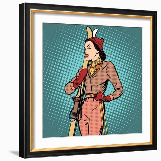 Girl Retro Skier-Valeriy Kachaev-Framed Art Print