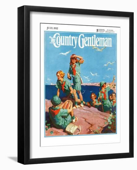 "Girl Scouts at Sea Shore," Country Gentleman Cover, July 1, 1932-Frank Bensing-Framed Giclee Print