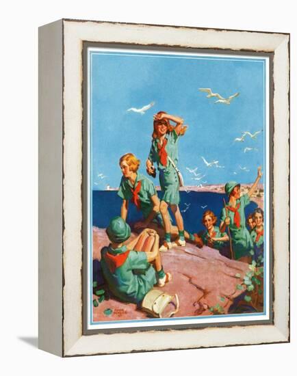 "Girl Scouts at Sea Shore,"July 1, 1932-Frank Bensing-Framed Premier Image Canvas