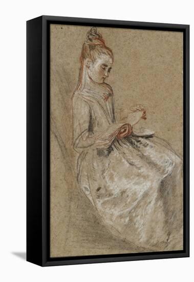 Girl Seated with a Book of Music on Her Lap (Black, Red & White Chalks on Coarse-Textured Brown Pap-Jean Antoine Watteau-Framed Premier Image Canvas