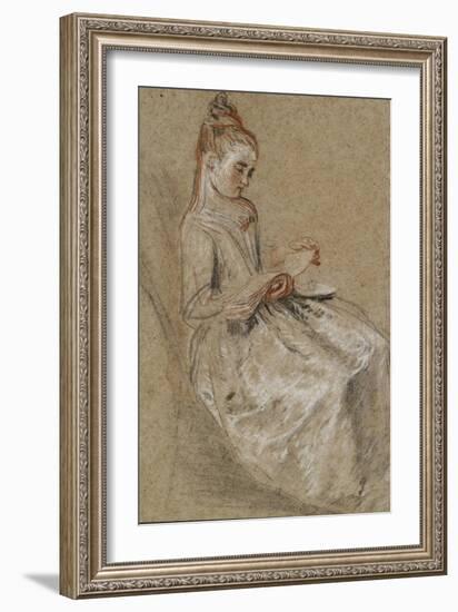 Girl Seated with a Book of Music on Her Lap (Black, Red & White Chalks on Coarse-Textured Brown Pap-Jean Antoine Watteau-Framed Giclee Print
