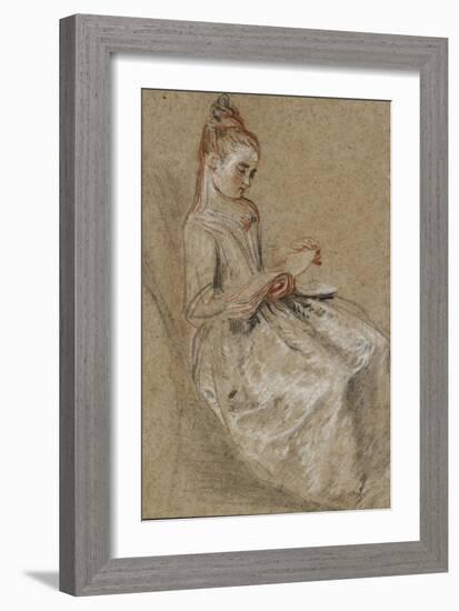 Girl Seated with a Book of Music on Her Lap (Black, Red & White Chalks on Coarse-Textured Brown Pap-Jean Antoine Watteau-Framed Giclee Print