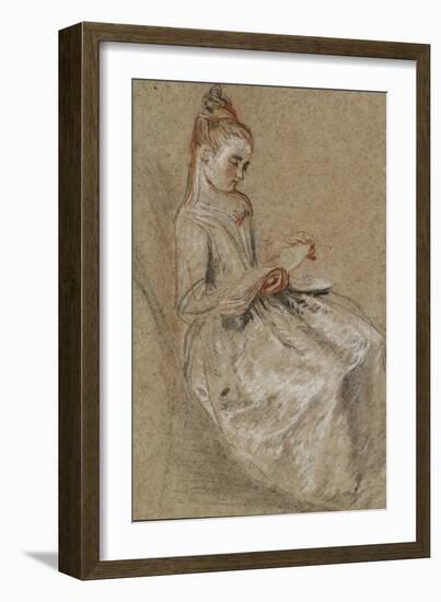 Girl Seated with a Book of Music on Her Lap (Black, Red & White Chalks on Coarse-Textured Brown Pap-Jean Antoine Watteau-Framed Giclee Print