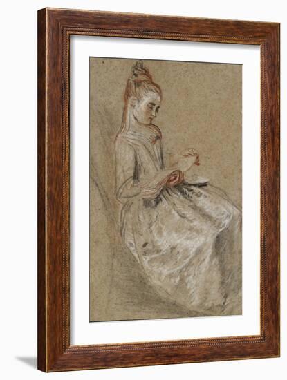 Girl Seated with a Book of Music on Her Lap (Black, Red & White Chalks on Coarse-Textured Brown Pap-Jean Antoine Watteau-Framed Giclee Print