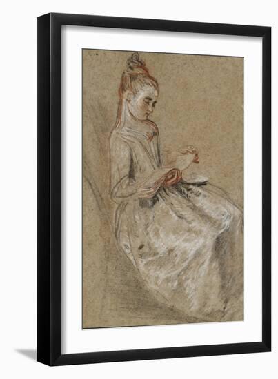 Girl Seated with a Book of Music on Her Lap (Black, Red & White Chalks on Coarse-Textured Brown Pap-Jean Antoine Watteau-Framed Giclee Print