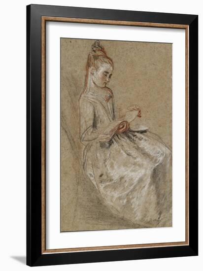 Girl Seated with a Book of Music on Her Lap (Black, Red & White Chalks on Coarse-Textured Brown Pap-Jean Antoine Watteau-Framed Giclee Print