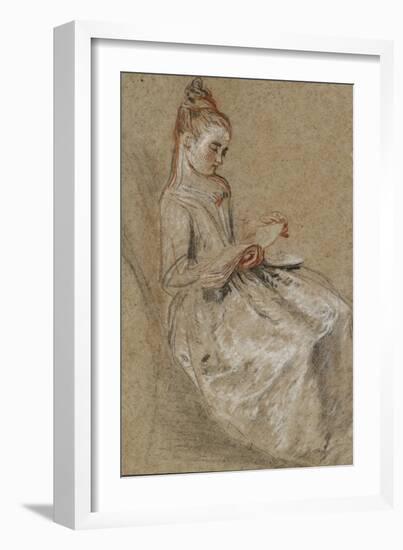 Girl Seated with a Book of Music on Her Lap (Black, Red & White Chalks on Coarse-Textured Brown Pap-Jean Antoine Watteau-Framed Giclee Print