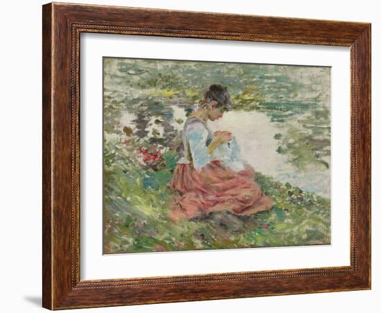 Girl Sewing by River, C.1891 (Oil on Canvas)-Theodore Robinson-Framed Giclee Print