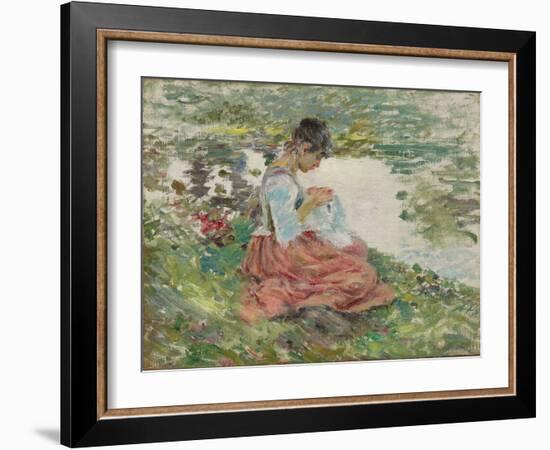 Girl Sewing by River, C.1891 (Oil on Canvas)-Theodore Robinson-Framed Giclee Print