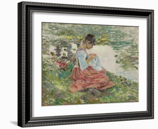 Girl Sewing by River, C.1891 (Oil on Canvas)-Theodore Robinson-Framed Giclee Print