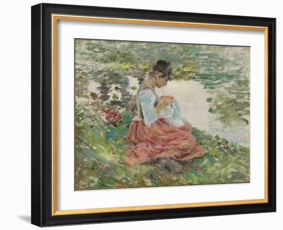 Girl Sewing by River, C.1891 (Oil on Canvas)-Theodore Robinson-Framed Giclee Print