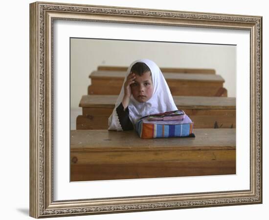 Girl Sits Alone in Her Class Room During a Break in Aftabachi School in Eastern Afghanistan-null-Framed Photographic Print