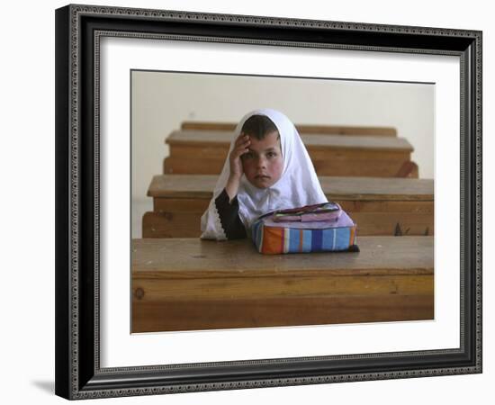 Girl Sits Alone in Her Class Room During a Break in Aftabachi School in Eastern Afghanistan-null-Framed Photographic Print