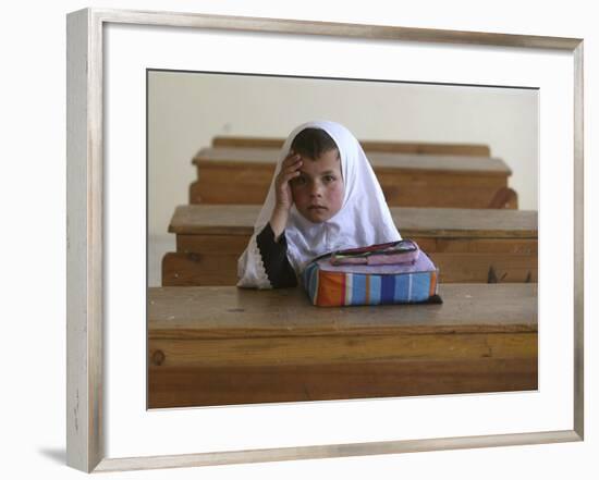 Girl Sits Alone in Her Class Room During a Break in Aftabachi School in Eastern Afghanistan-null-Framed Photographic Print