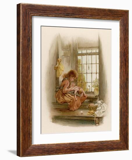 Girl Sits in a Window-Seat Mending Her Doll-M. Ellen Edwards-Framed Art Print