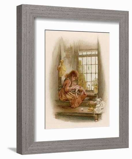 Girl Sits in a Window-Seat Mending Her Doll-M. Ellen Edwards-Framed Art Print