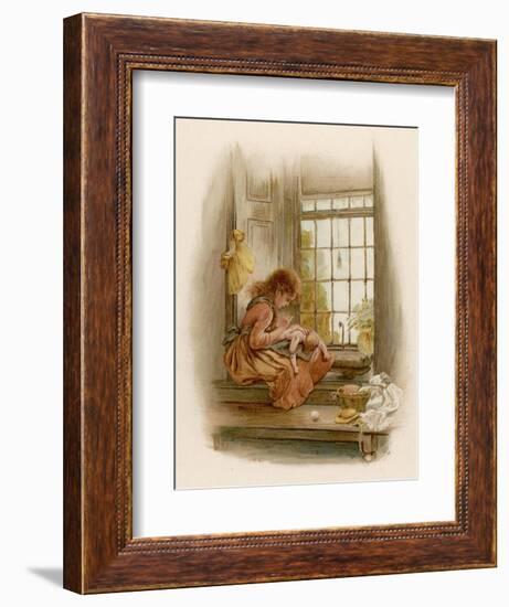 Girl Sits in a Window-Seat Mending Her Doll-M. Ellen Edwards-Framed Art Print