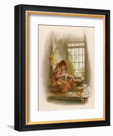 Girl Sits in a Window-Seat Mending Her Doll-M. Ellen Edwards-Framed Art Print