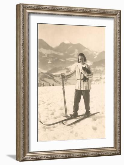 Girl Skiing with Cat-null-Framed Art Print