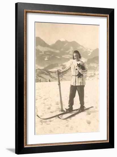 Girl Skiing with Cat-null-Framed Art Print