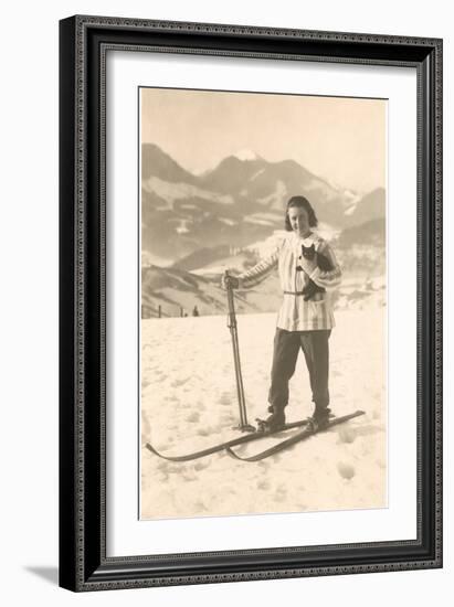 Girl Skiing with Cat-null-Framed Art Print