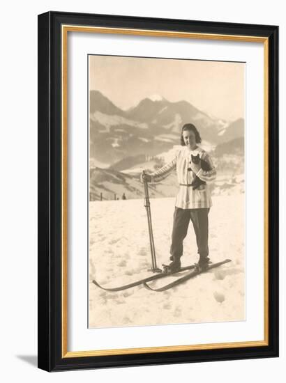 Girl Skiing with Cat-null-Framed Art Print