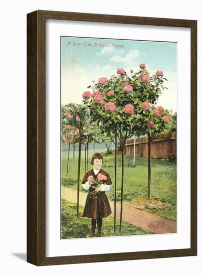 Girl Standing by Rose Trees, Portland, Oregon-null-Framed Art Print