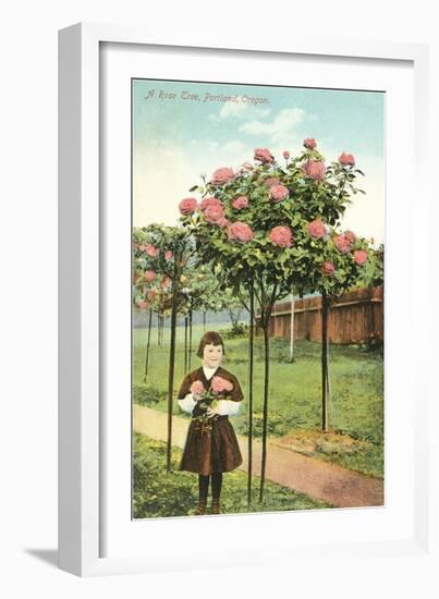 Girl Standing by Rose Trees, Portland, Oregon-null-Framed Art Print