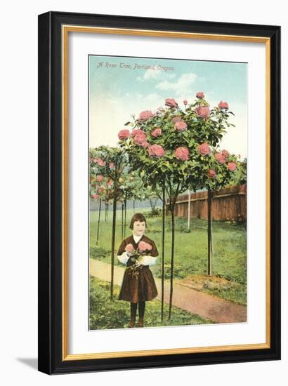 Girl Standing by Rose Trees, Portland, Oregon-null-Framed Art Print