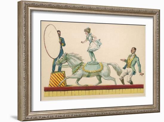 Girl Standing on the Back of a Grey Horse Prepares to Jump Through a Paper Hoop-null-Framed Art Print