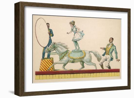 Girl Standing on the Back of a Grey Horse Prepares to Jump Through a Paper Hoop-null-Framed Art Print