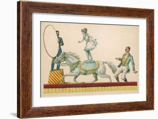 Girl Standing on the Back of a Grey Horse Prepares to Jump Through a Paper Hoop-null-Framed Art Print