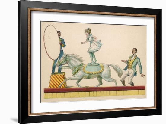 Girl Standing on the Back of a Grey Horse Prepares to Jump Through a Paper Hoop-null-Framed Art Print