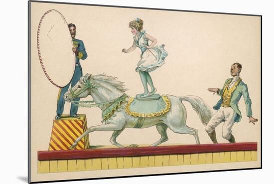 Girl Standing on the Back of a Grey Horse Prepares to Jump Through a Paper Hoop-null-Mounted Art Print