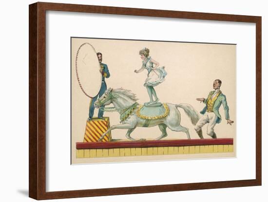 Girl Standing on the Back of a Grey Horse Prepares to Jump Through a Paper Hoop-null-Framed Art Print