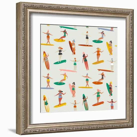 Girl Surfers in Bikinis - Beige Seamless Pattern-Tasiania-Framed Art Print