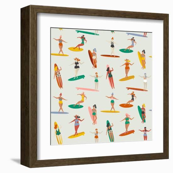 Girl Surfers in Bikinis - Beige Seamless Pattern-Tasiania-Framed Art Print