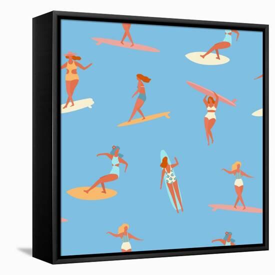 Girl Surfers in Bikinis - Blue Seamless Pattern-Tasiania-Framed Stretched Canvas