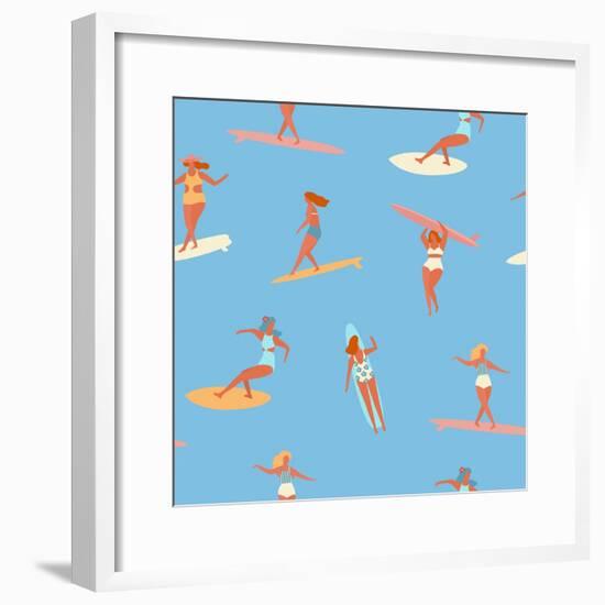 Girl Surfers in Bikinis - Blue Seamless Pattern-Tasiania-Framed Premium Giclee Print