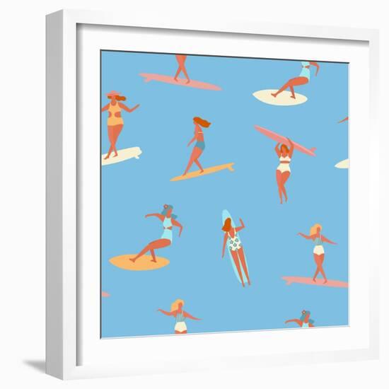 Girl Surfers in Bikinis - Blue Seamless Pattern-Tasiania-Framed Premium Giclee Print