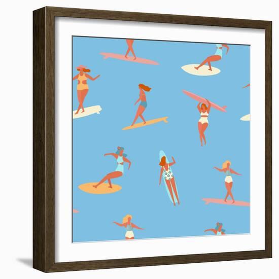 Girl Surfers in Bikinis - Blue Seamless Pattern-Tasiania-Framed Art Print