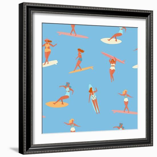 Girl Surfers in Bikinis - Blue Seamless Pattern-Tasiania-Framed Art Print