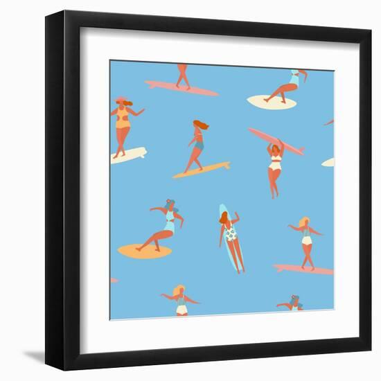 Girl Surfers in Bikinis - Blue Seamless Pattern-Tasiania-Framed Art Print