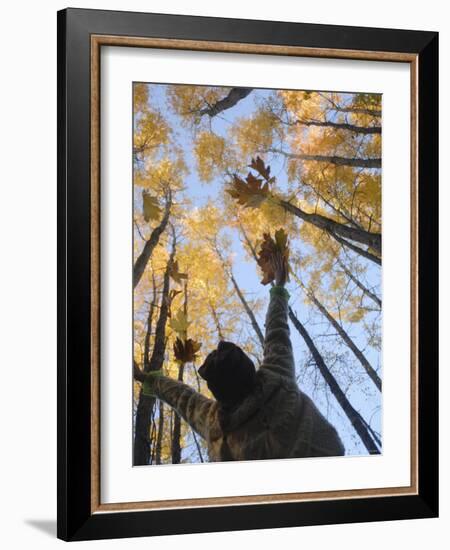 Girl Throws Leaves in the Air to Celebrate Autumn, Vashon Island, Washington State-Aaron McCoy-Framed Photographic Print